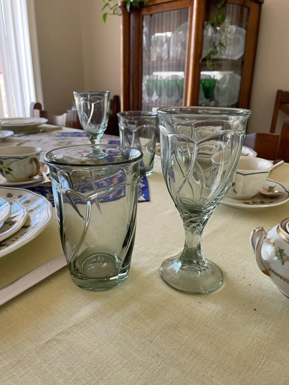 Two Noritake Sweet Swirl Vintage Tumblers Light Green Pressed-Glass Swirl.